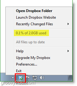 Tangkapan layar Dropbox - ikon baki sistem dropbox bergoyang