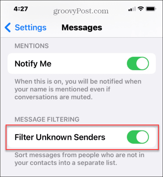 sembunyikan teks spam pengirim yang tidak dikenal di iPhone