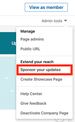 Cara membuat iklan teks LinkedIn, langkah 1, Sponsori pembaruan Anda di bawah alat Admin