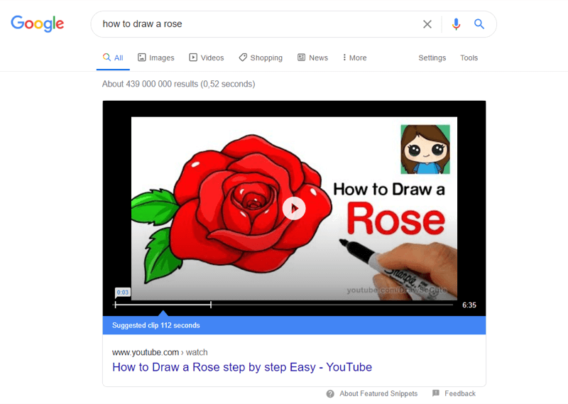 contoh video youtube teratas di hasil pencarian google untuk 'cara menggambar mawar'