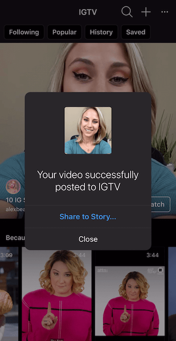 prompt untuk membagikan video IGTV ke Instagram Stories