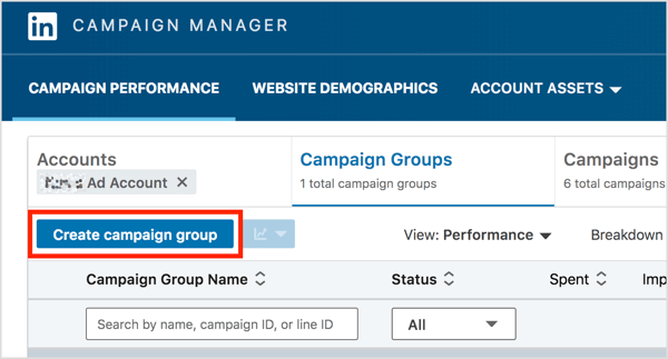 Pada tab Grup Kampanye di Manajer Kampanye LinkedIn, klik tombol Buat Grup Kampanye.