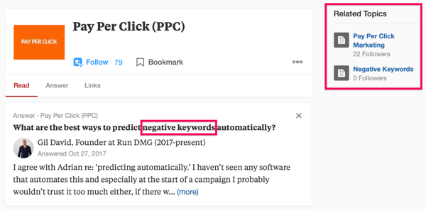 Contoh hasil pencarian Quora termasuk istilah pencarian 'PPC' dan frase 'kata kunci negatif'.