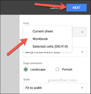 Pilih area cetak di Google Sheets