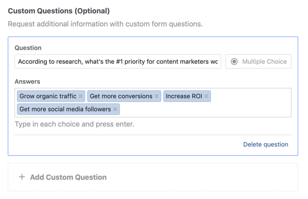 Contoh opsi tanya jawab untuk pertanyaan untuk kampanye iklan utama Facebook.