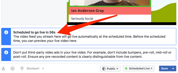 Facebook menunjukkan jam hitung mundur sebelum siaran langsung Anda dimulai.