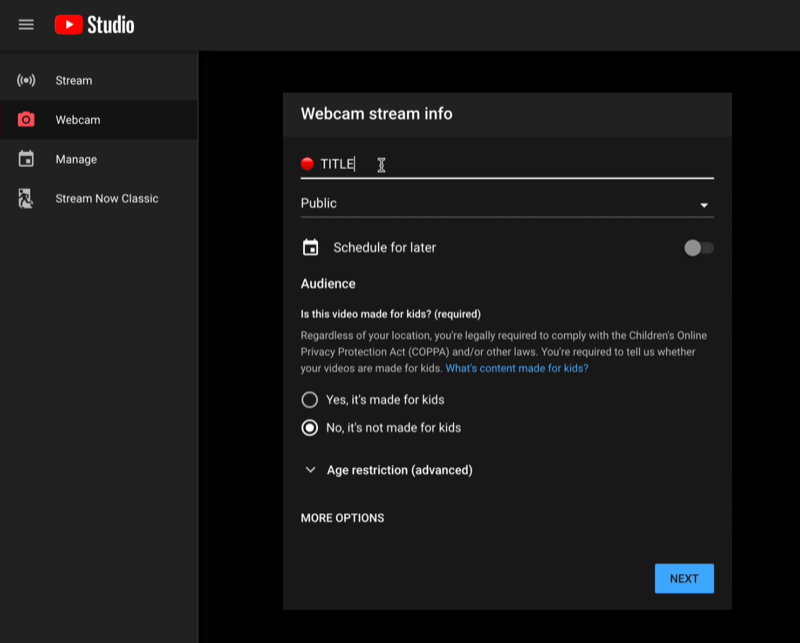 youtube studio go live menu live-streaming dasbor dengan detail info streaming webcam siap disetel
