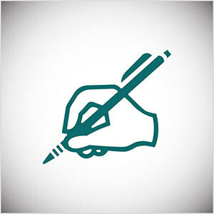 Ini adalah ilustrasi garis teal dari tulisan tangan dengan pensil. Seth Godin berlatih menulis harian di blognya.