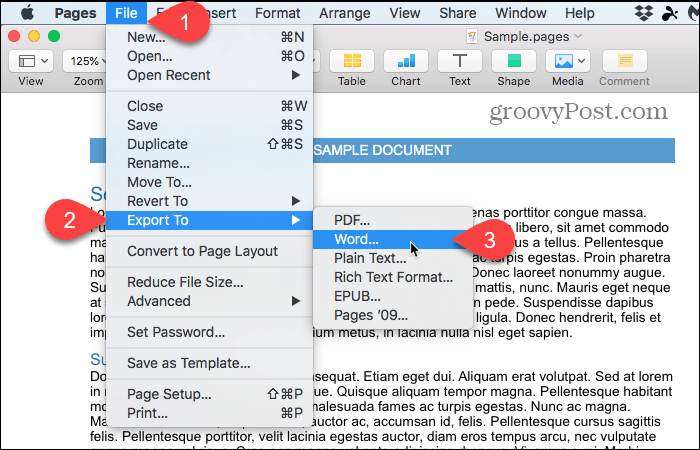 File> Ekspor Ke> Kata di Halaman di Mac