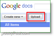 Tangkapan layar Google Documents - tombol unggah