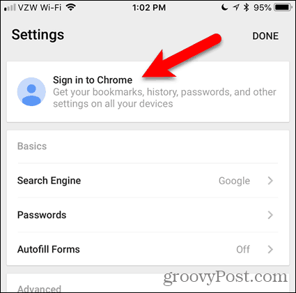 Ketuk Masuk ke Chrome di iOS