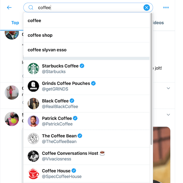 contoh hasil pencarian dari pencarian kopi di kotak pencarian twitter