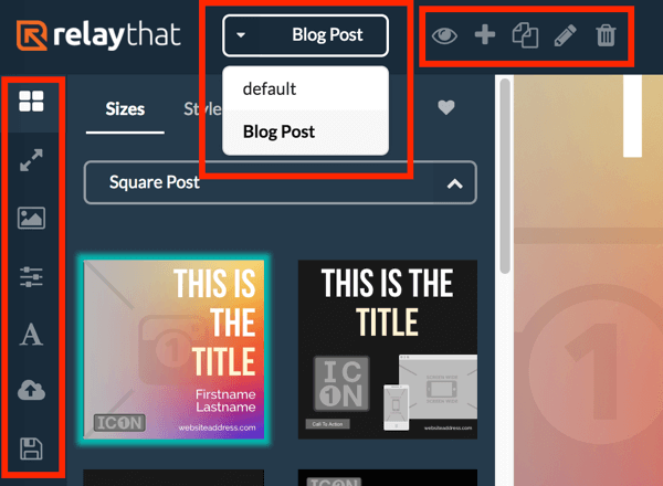 Gunakan menu kiri untuk melihat tata letak yang berbeda untuk proyek RelayThat Anda dan gunakan menu atas untuk memilih proyek Anda.