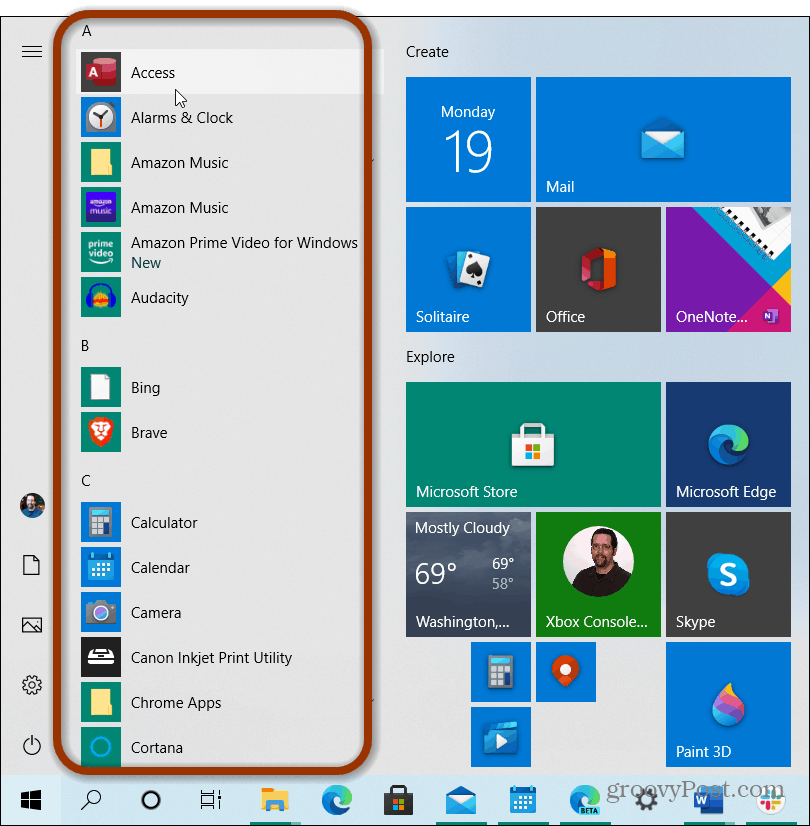 daftar aplikasi mulai menu windows 10