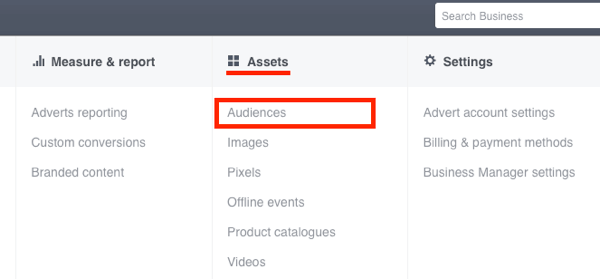 Di Pengelola Iklan Facebook, klik Audiens di kolom Aset.