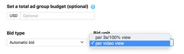 Pilihan untuk menetapkan jenis dan unit tawaran untuk iklan Twitter Tampilan Video yang Dipromosikan Anda.