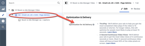 Facebook ThruPlay Optimization untuk 10 detik pengeditan kampanye tampilan, langkah 3.