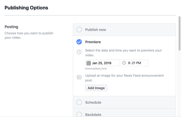 Cara mengatur Premiere Facebook, langkah 5, pengaturan penjadwalan publikasi
