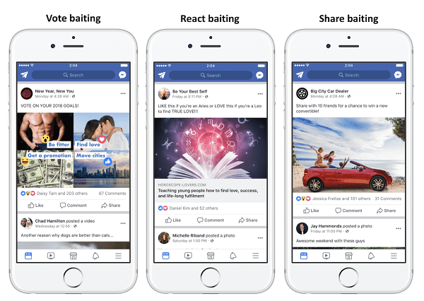 Facebook akan menurunkan posting yang menggunakan umpan keterlibatan untuk meningkatkan keterlibatan untuk mendapatkan jangkauan yang lebih besar.