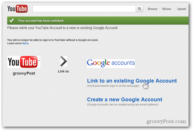 Tautkan Akun YouTube ke Akun Google Baru - Klik Tautkan ke Akun yang ada