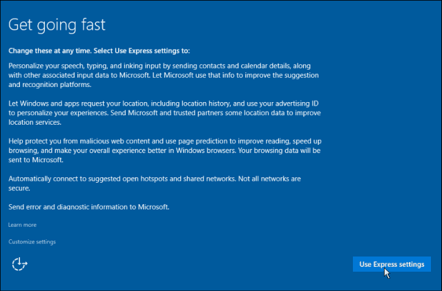 Pengaturan Express Windows 10