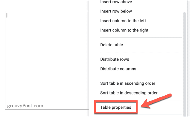 Mengakses menu opsi tabel di Google Documents