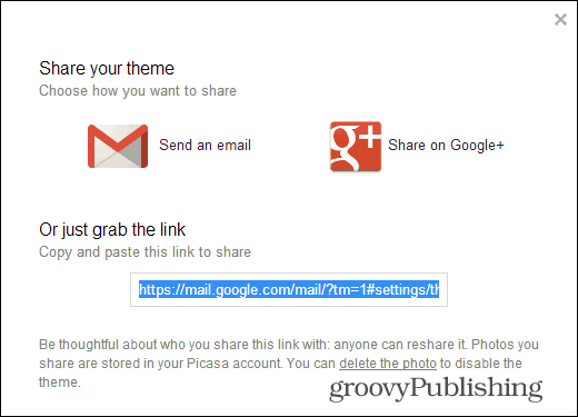 Tema Khusus Gmail membagikan tautan tema Anda