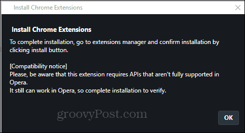 Konfirmasi pemasangan Ekstensi Chrome Instal Opera