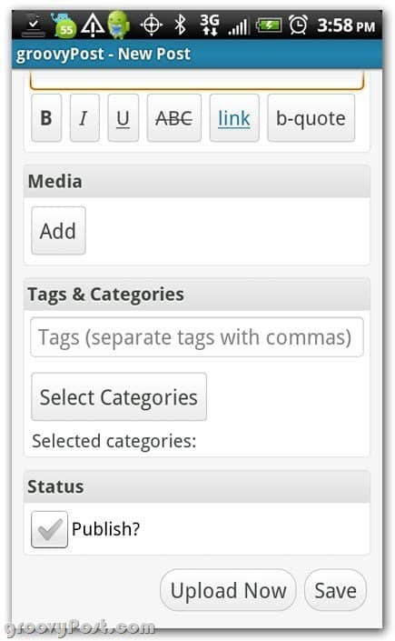 Wordpress di Android lebih banyak pengaturan posting