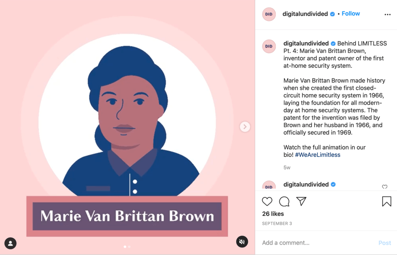contoh cuplikan kiriman mp4 yang dibagikan ke instagram menyoroti marie van brittan brown sebagai pt. 4 dalam seri #wearelimitless