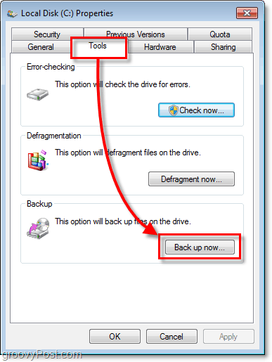 Windows 7 Backup - tab Tools pada properti dan tombol Cadangkan sekarang