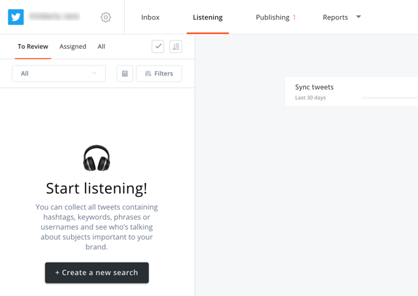 Cara menggunakan Agorapulse untuk mendengarkan media sosial, Langkah 2 buat pencarian baru di tab mendengarkan.