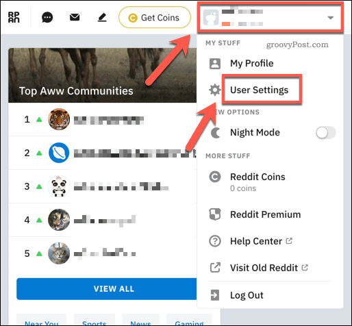 Menu tarik-turun akun Reddit