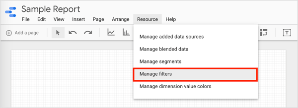 Untuk memfilter data dan membuat grup yang dapat Anda gunakan, klik Sumber daya pada bilah menu dan pilih Kelola Filter dari menu tarik-turun.