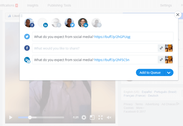 Alat seperti Buffer dapat membantu Anda berbagi video Facebook Live di berbagai platform media sosial.