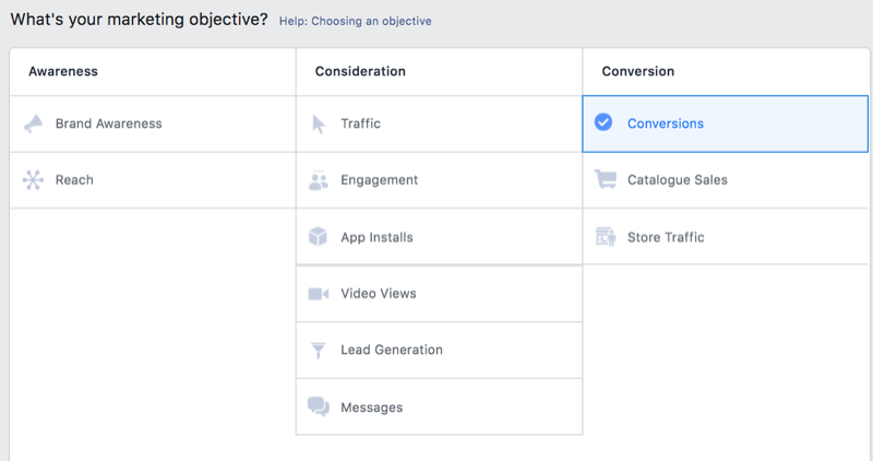 pilihan di pengelola iklan facebook untuk memilih konversi sebagai tujuan pemasaran