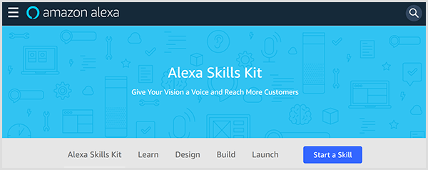 Halaman web Amazon Alexa Skills Kit memperkenalkan alat tersebut dan menyertakan tab tempat Anda dapat belajar, merancang, membangun, dan meluncurkan keterampilan untuk Alexa. 