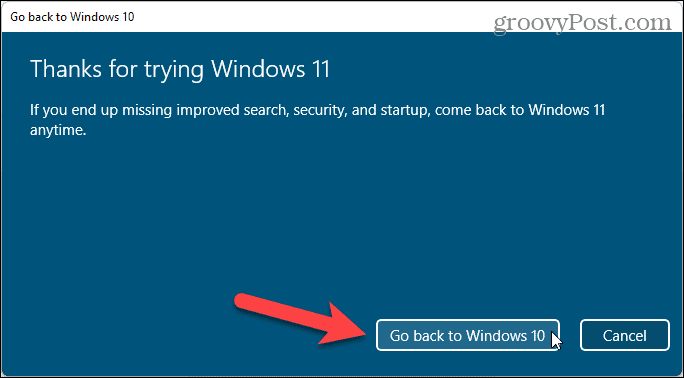Klik Kembali ke Windows 10