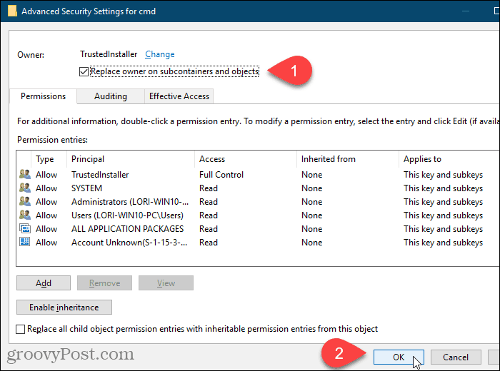 Periksa kotak Replace owner pada subkontainer dan objek pada kotak dialog Pengaturan Keamanan Tingkat Lanjut di Windows Registry Editor