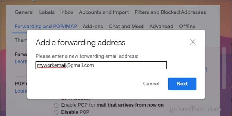 tangkapan layar untuk menambahkan email penerusan