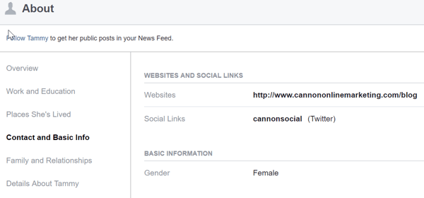 Di bagian Tentang di profil Facebook pribadi Anda, bagikan situs web bisnis Anda dan tautkan ke platform sosial tempat bisnis Anda aktif.