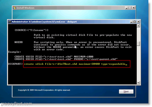 Windows 7 Native VHD Install Dual Boot Buat VHD dari CMD Prompt