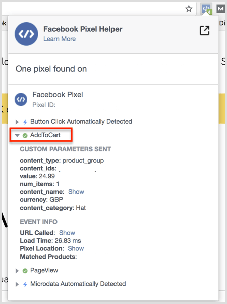Hasil plugin Facebook Pixel Helper pada halaman Add to Cart