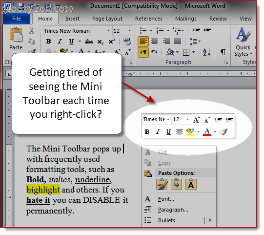 Hapus Mini-Toolbar di Word 2007 dan Word 2010