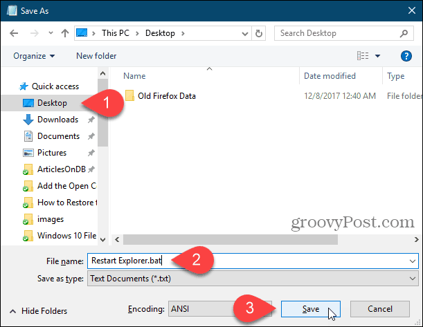 Simpan file batch ke desktop di Notepad di Windows 10