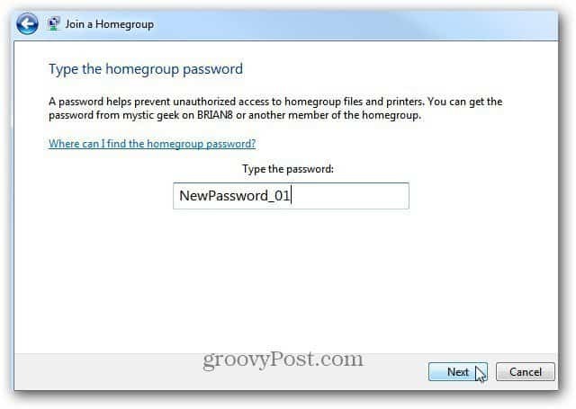 Masukkan kata sandi homegroup