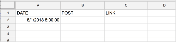 Beri label pada tiga kolom pertama dari spreadsheet Anda Tanggal, Posting, dan Link.