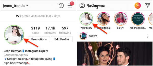 Indikator lingkaran hijau untuk gambar profil Instagram Anda ketika Anda telah membagikan cerita ke daftar Teman Dekat Anda.