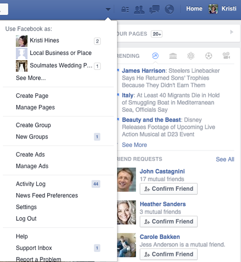 panah menu manajemen halaman facebook