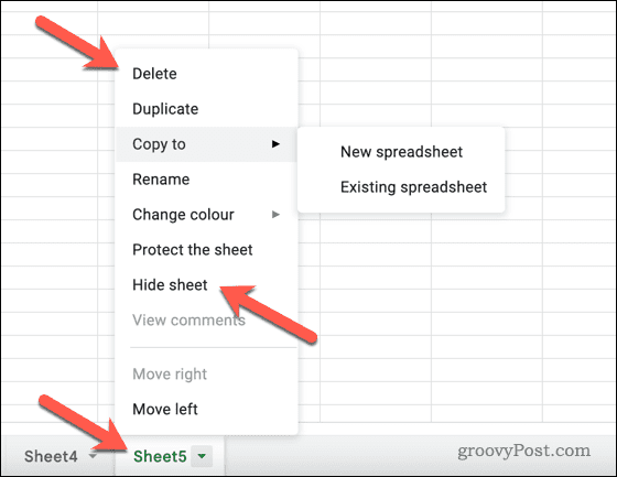 Menyembunyikan atau menghapus sheet di Google Sheets